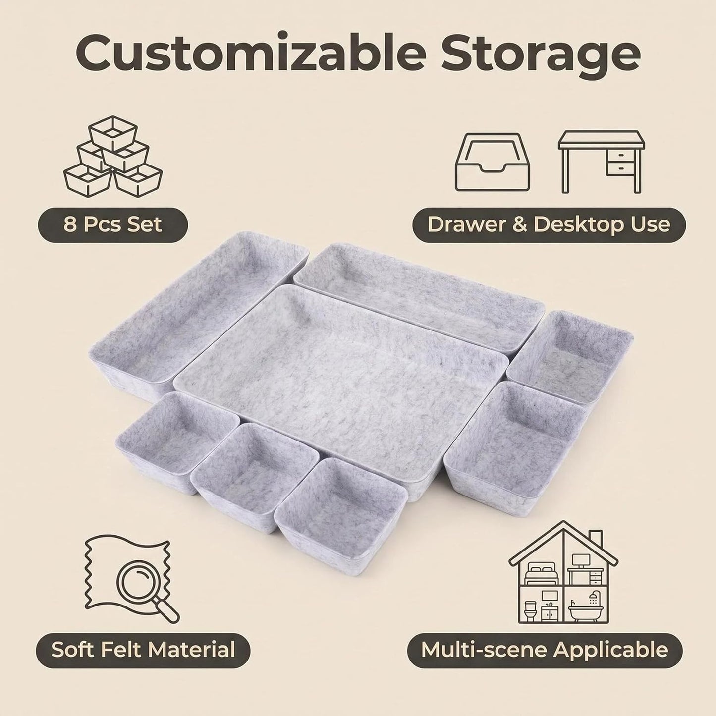 Desk Drawer Organizer Bins, 8pcs Felt Shallow Bathroom Storage Trays, Office Accessories & Workspace Organizers Jewelry & Makeup Boxes Containers(Black)