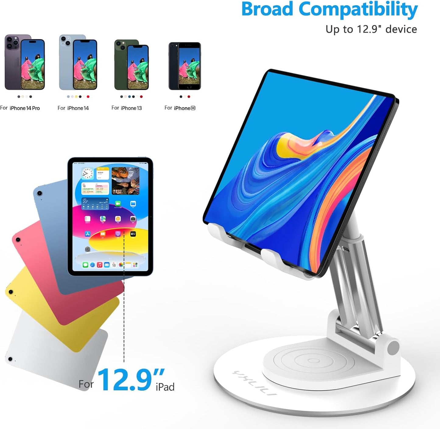 YXLILI Foldable Phone Stand Adjustable Angle Height Cell Phone Holder for Desk 360° Rotating Cellphone Stand for Office Compatible with iPhone14/13/12/11 Pro, Max, Mini, iPad(4-12.9 inch) (White)