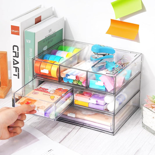 3 Tier Stackable Desk Organizer with 6 Drawers, YOCOMEY Plastic Desktop Storage Box Drawers, Detachable Makeup Storage Office Stationery Supplies Organizer for Office School(Clear)
