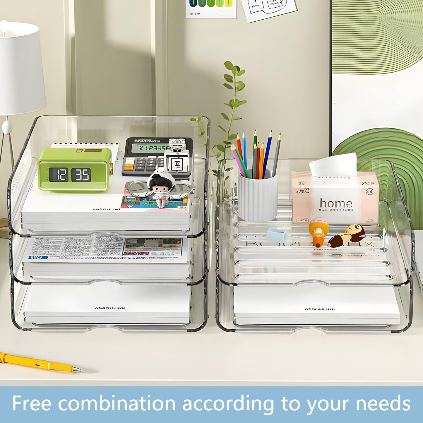 4-Tier Paper Organizer for Desk, Stackable Desk Organizer Paper Tray, Ideal for Office Supplies, A4 Storage (Clear, 4-Tier)