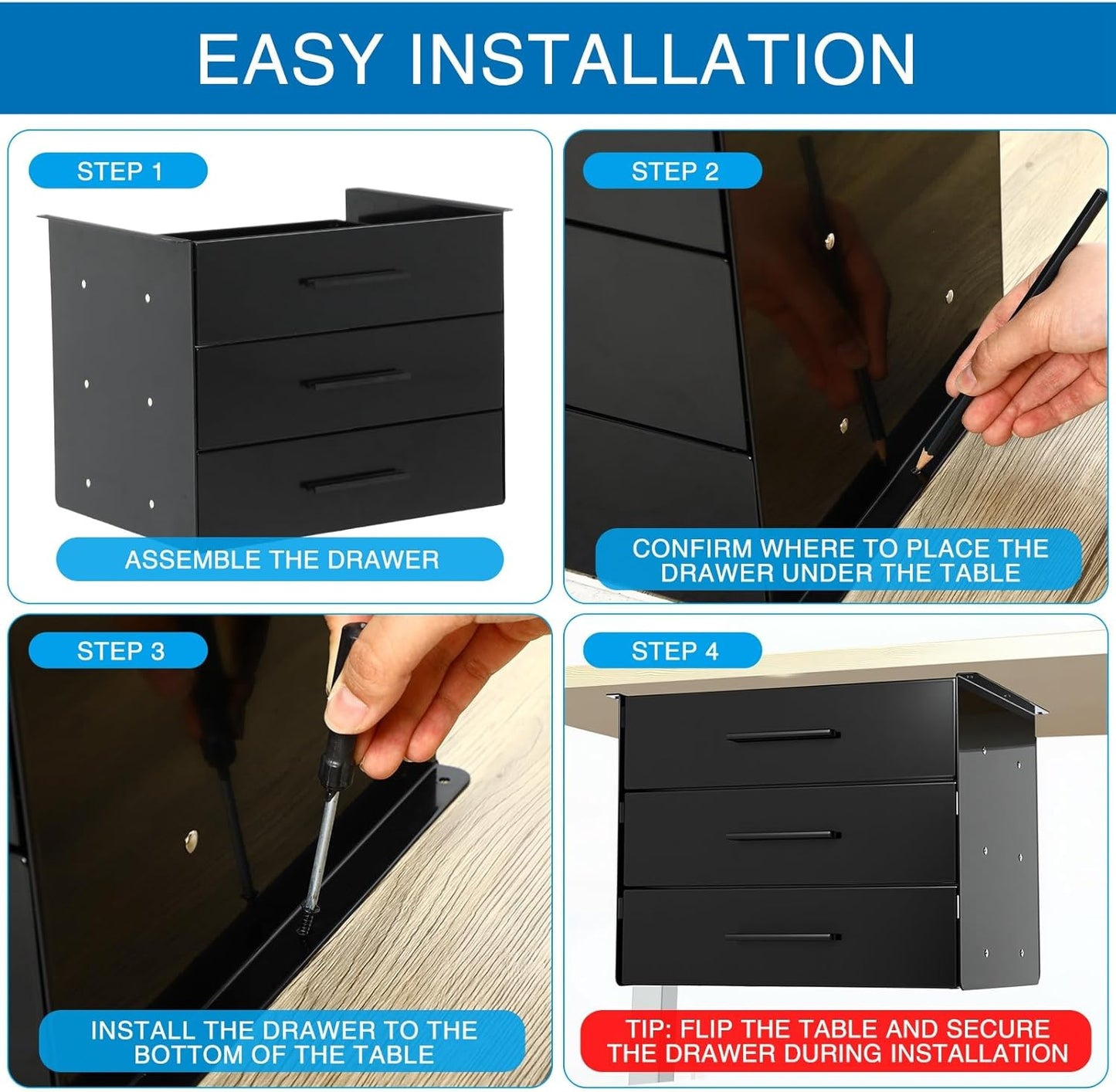 Menkxi 16 inch Under Desk Drawer Storage Pull out Storage Organizer Mounted Metal Sliding Hidden Under Counter Drawer Vertically Stacked for Office Sit Stand Workstation (Black,2 Layer)