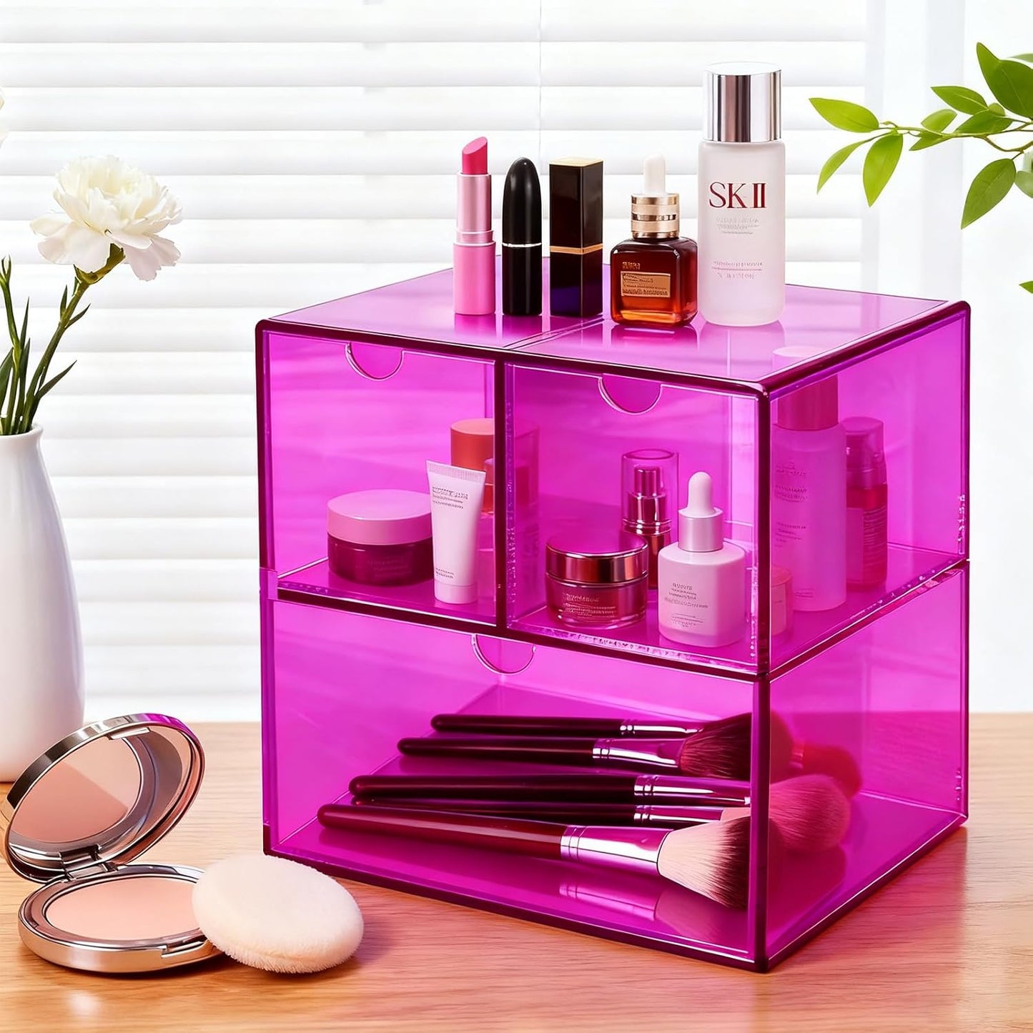 Gelite Desk Organizer with 3 Storage Drawers for Makeup Office Acrylic Desktop Drawer Organizer for Vanity Office Organization and Storage Box, Neon Pink