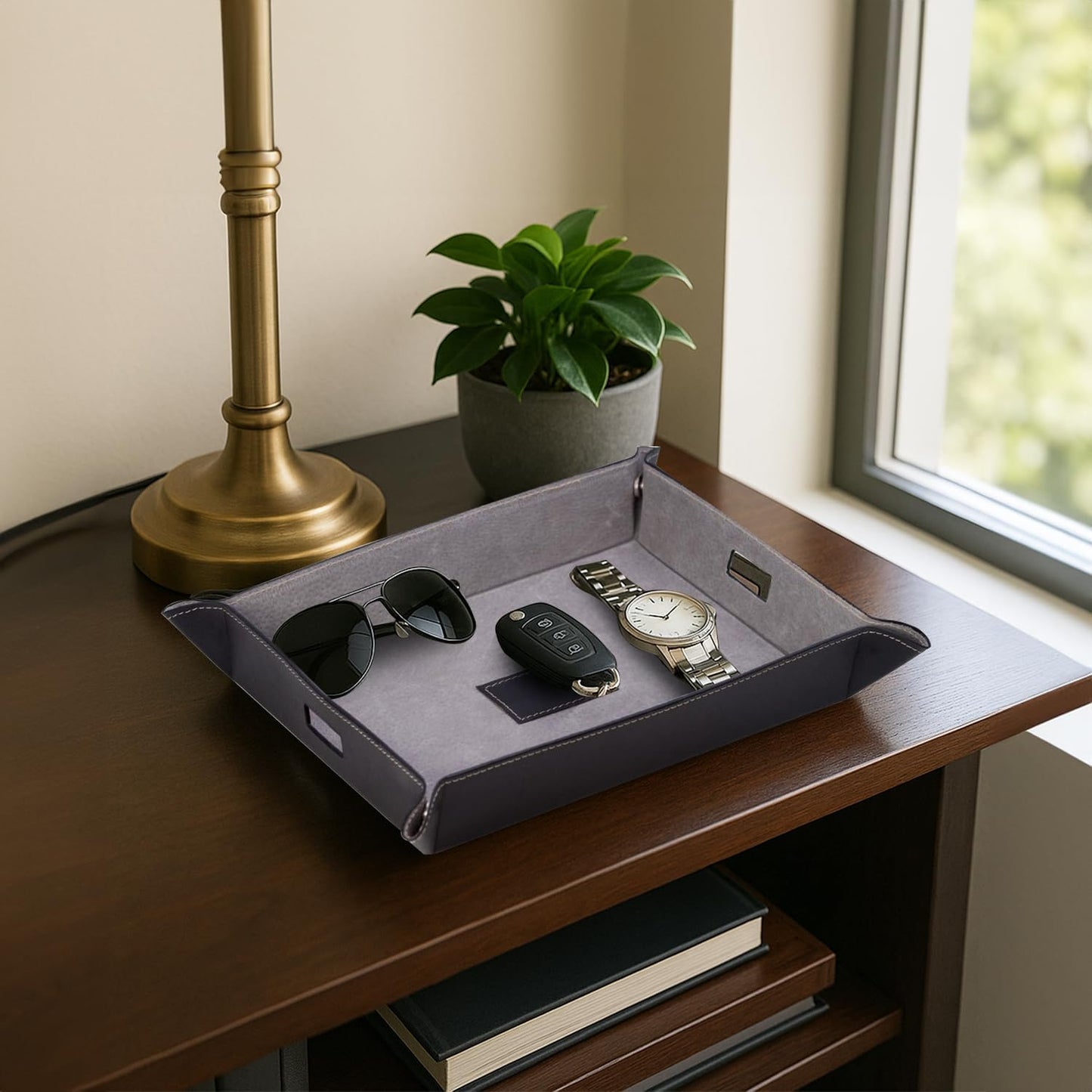 Bey-Berk Alex Leather Valet Tray (Navy), 10" x 7.75" Nightstand and Desk Catchall, Genuine Leather Snap-Corner EDC Organizer and Phone Charging Tray