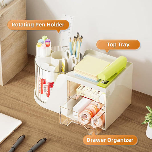 Marbrasse Desk Organizer with 2 Drawer, 360°Rotating Pen Holder, Desk Organizers and Accessories with 6 Slots Pencil Organizer + 2 Drawer, Art Supply Storage Box Caddy for Office (White)
