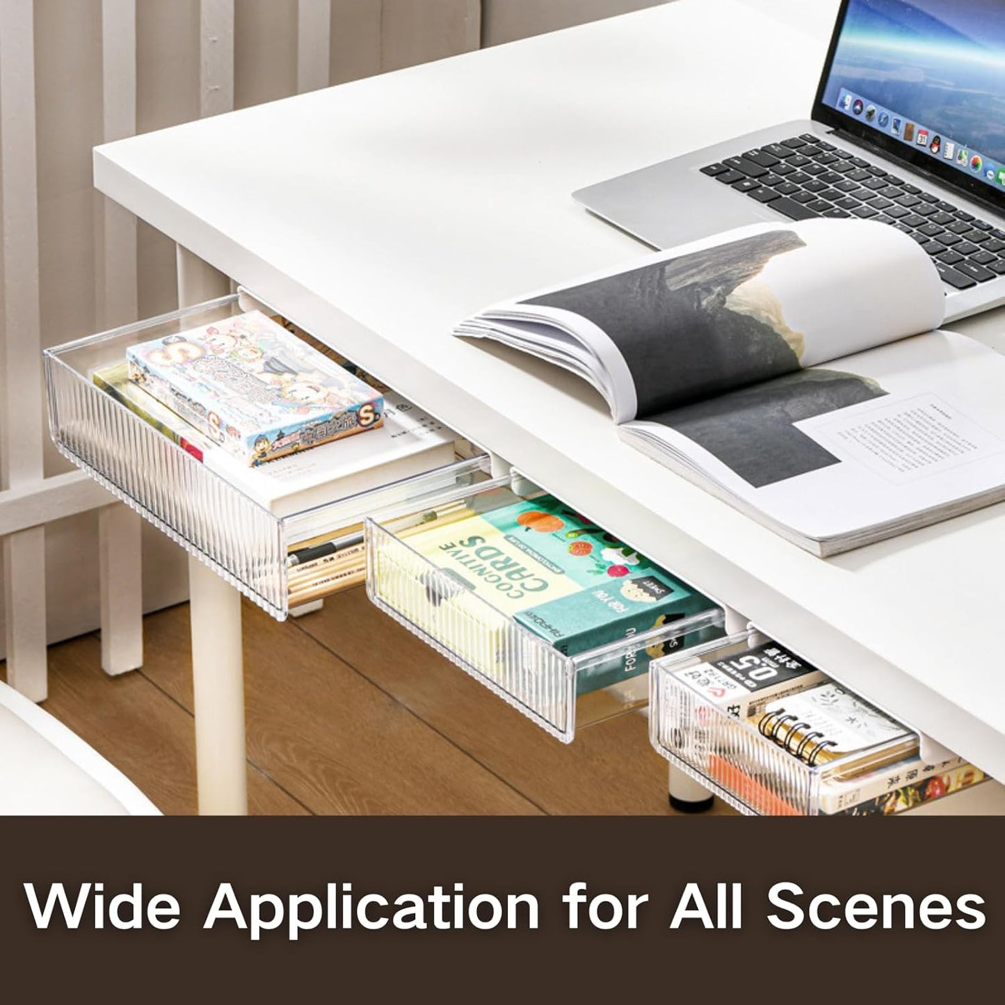 Under Desk Organizer - Stick On Fluted Translucent Desk Drawer Attachment, Slide Out Under Desk Storage for Office & Home (WHITE, SMALL)