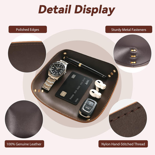 Genuine Leather Valet Tray-Handmade Brown Leather Catchall Organizer for Desk, Nightstand Bedside Desk & Entryway Table Storage Tray for Keys, Phone, Wallet, Coins, Jewelry for Women & Men