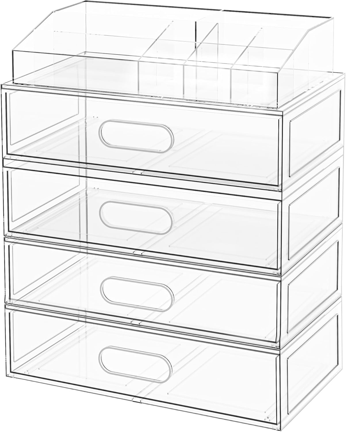 Clear Stackable Makeup Organizer with Drawer, 12''W Acrylic Storage Drawers, Cosmetic Display Case for Vanity Bathroom Countertop, Beauty Holder for Lipstick Brush Skincare Perfume