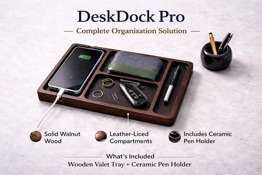 Desk Organizer Tray for Men with Ceramic Pen Holder, Wooden Valet Tray, Minimalist EDC Desk Organizer for Phone, Wallet, & Keys, Nightstand Bedside, Entryway, Birthday Gift for Men, Dad, Husband