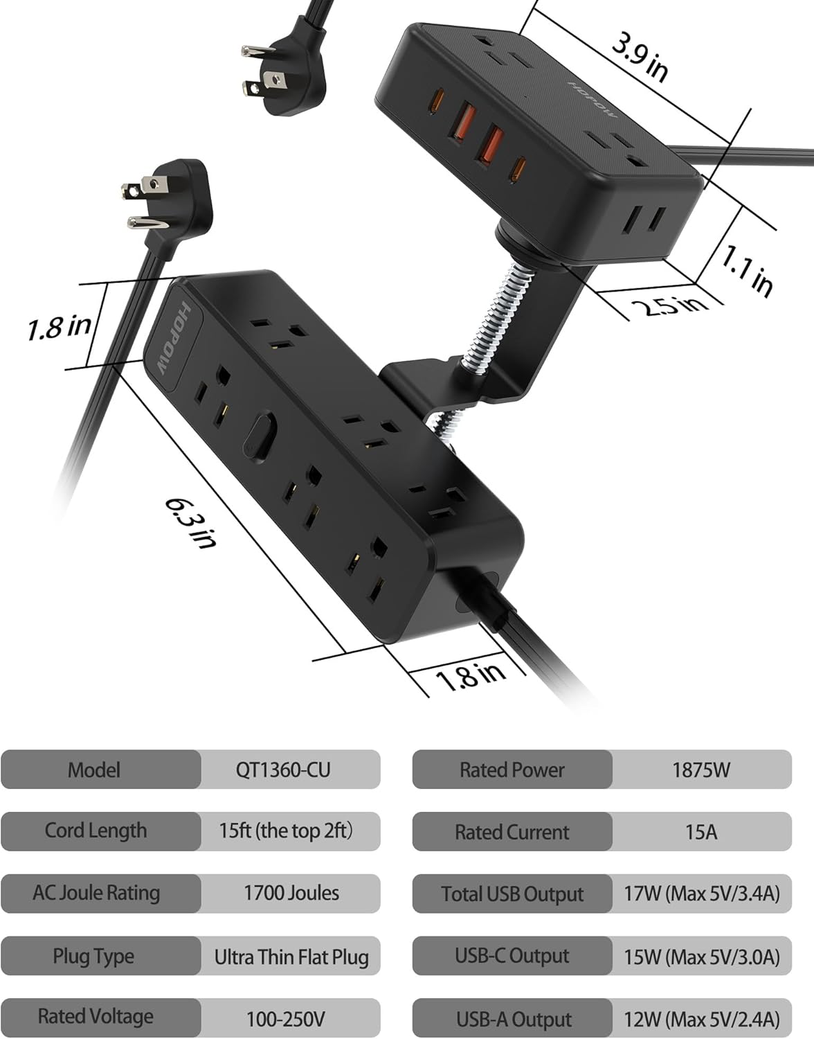 HOPOW Dual Layer Desk Clamp Power Strip, Desktop Edge Mount Charging Station with 13 Outlets 4 USB Ports (2 USB C), Under Desk Surge Protector(1700 Joules), 10 Ft Extension Cord for Office Home