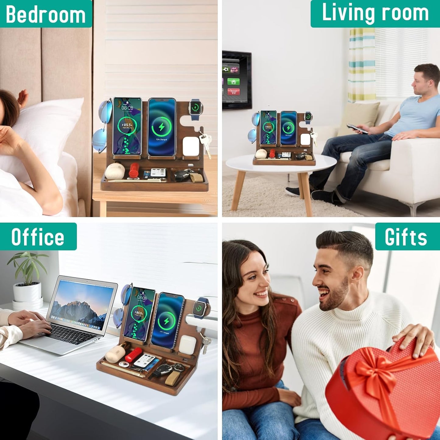 Wood Phone Docking Station Nightstand Organizer for Men 27W 2 Phone Wireless Charging Station with 4 Wireless Charger Stand for iPhone Apple Watch AirPod Mens Birthday Gift Ideas Key Holder