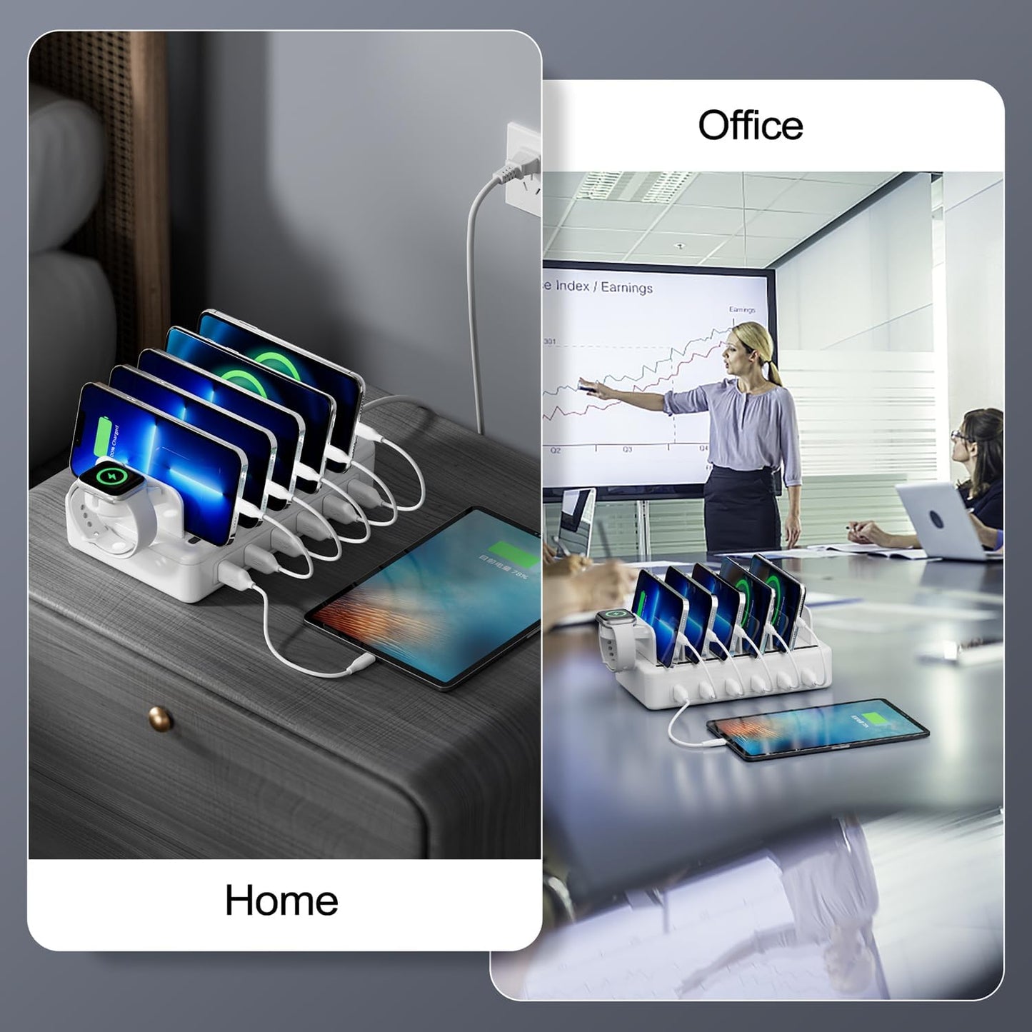 Charging Station for Multiple Devices, 6 Port 50W Fast Multi Charger Station Charging Dock with 6 Mixed Charging Cables for iPhone, iPad, Kindle, Tablet, Cellphone and Others