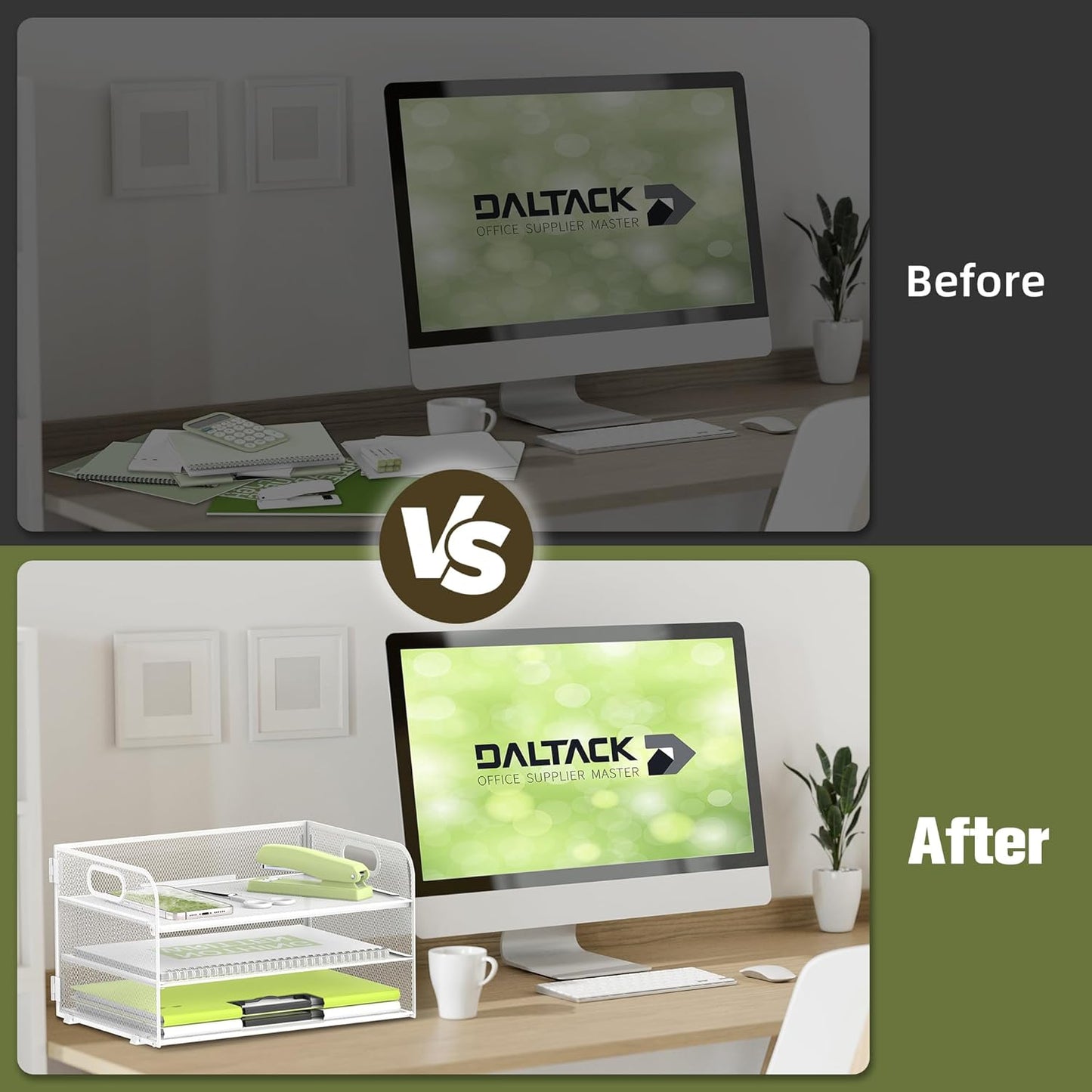 DALTACK 3 Tier Paper Organizer with Handle, Mesh Metal Desk Organizer with Sliding Paper Trays for Letter/A4 Paper, Mail, Bills & Folders, Black