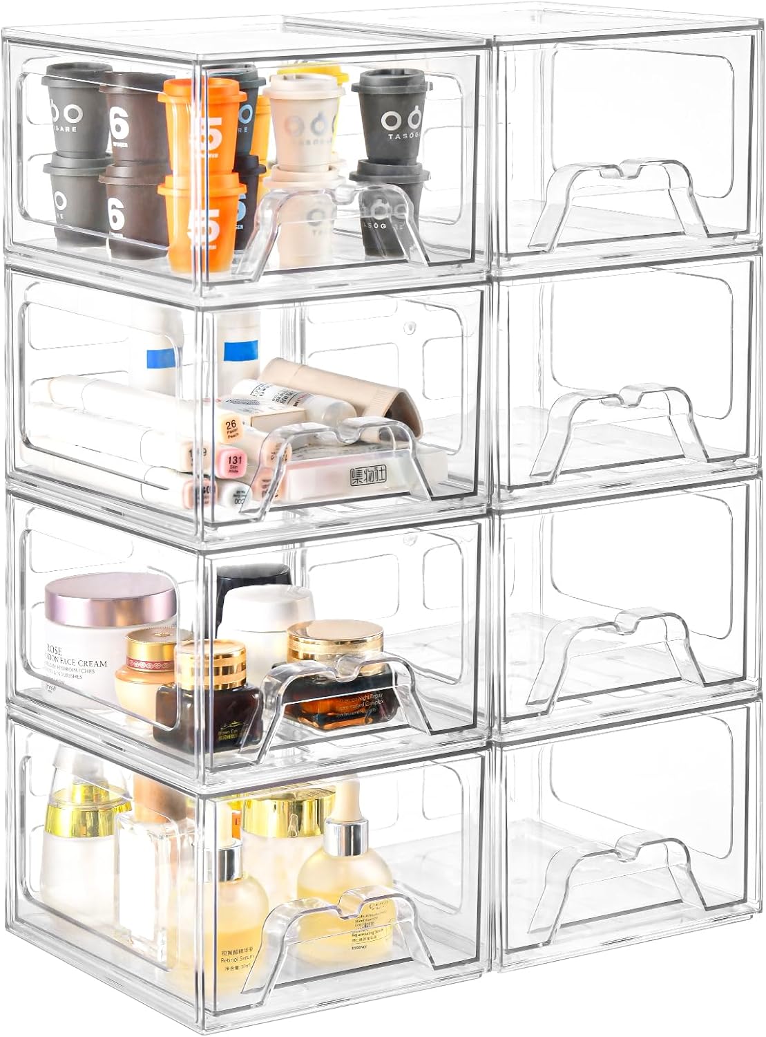 Stebopum 6 Pack Stackable Makeup Organizer, 4.4'' Tall Acrylic Bathroom Makeup Organizer and Storage Drawer with Pull-out Handle, Clear Plastic Storage Bins for Vanity,Pantry,Desk,Undersink,Kitchen