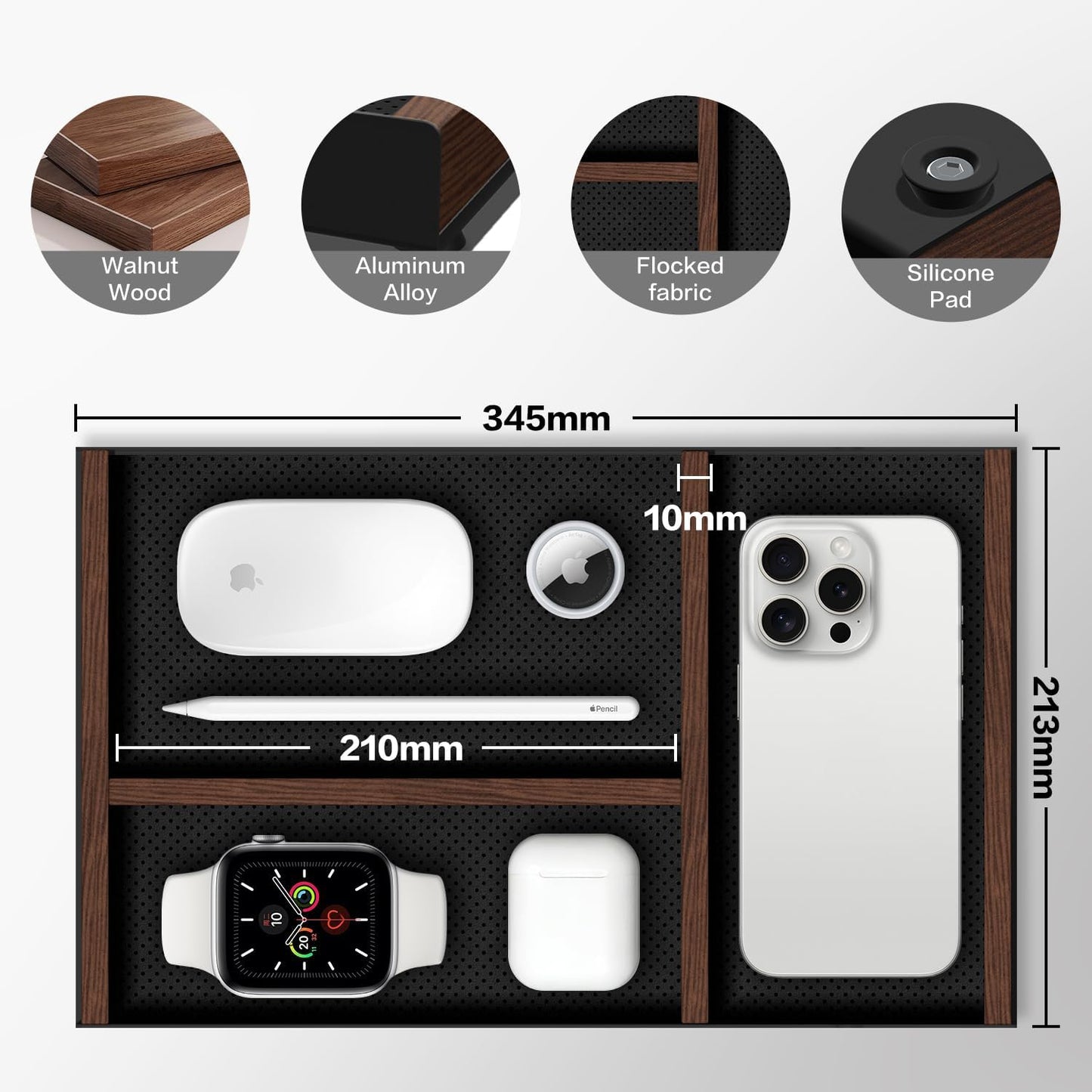 Desk Drawer Organizer Tray With Removable Magnetic Wooden Strip,Freely Adjustable Space,Made of Aluminum and Walnut,Valet Tray for Mens,Desk Accessories for Office/Home/Nightstand