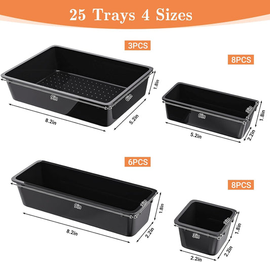 SpaceHacks 25 PCS Plastic Drawer Organizer Set, 4-Size Versatile Organizer Tool Trays & storage Bins for Makeup, Jewelry, and Gadgets in Bathroom, Bedroom and Office,Clear Black