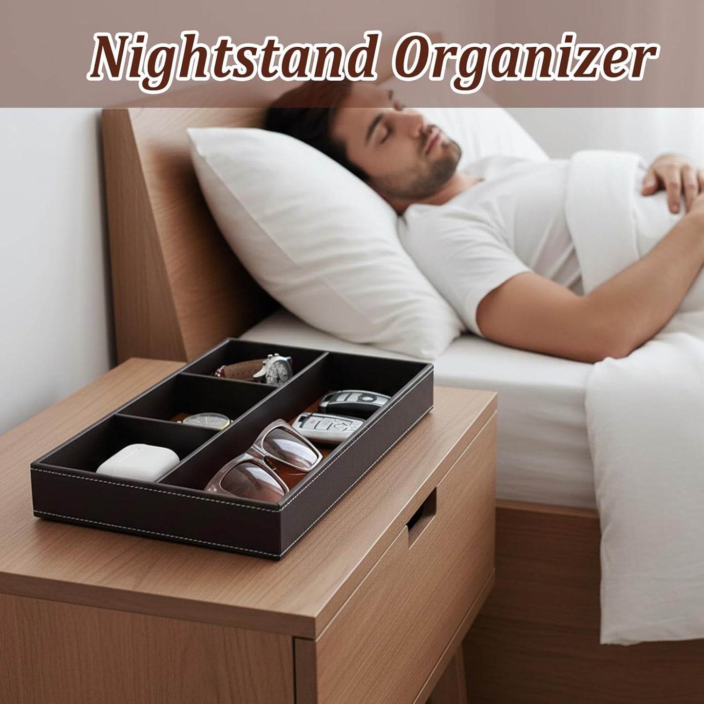 2 Pack Leather Valet Tray for Men - Premium PU Leather Desk & Nightstand Organizer, Stackable Storage Tray for Keys, Wallet, Watch, Phone, Jewelry in Black & Brown