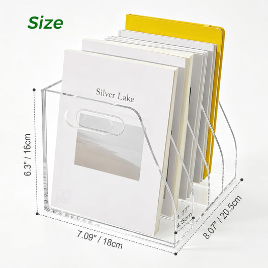 Acrylic Magazine File Holder, 4 Vertical Compartments Desk Document Sorter Organizer, Clear Folder Rack Binder for Office/Home/Classroom, for Documents, Tablet, Magazines, Books & Accessories