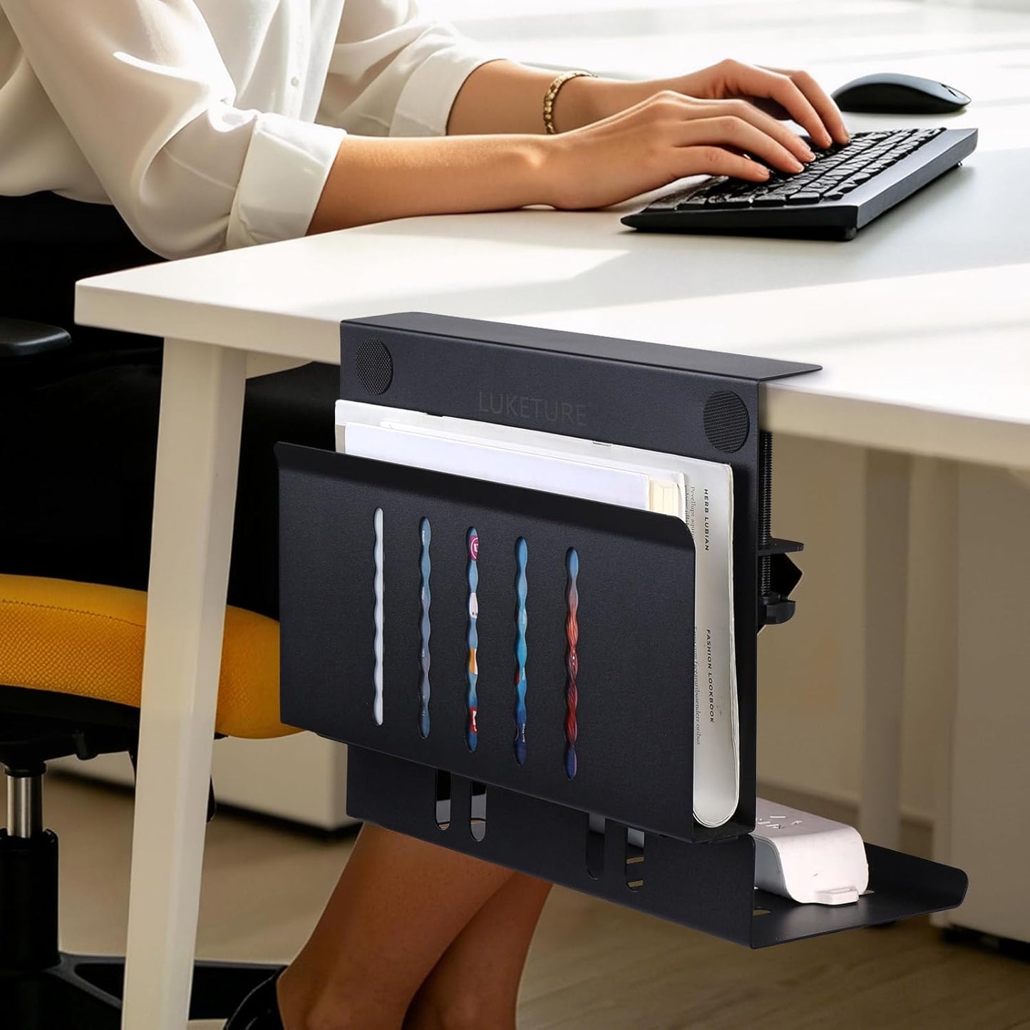 LUKETURE Desk Side Storage, Laptop Holder with Cable Management Tray, 2 in 1 Steel Under Desk Laptop Mount, Table Organization, Space Saving Table Accessories for Office and Home (Black)