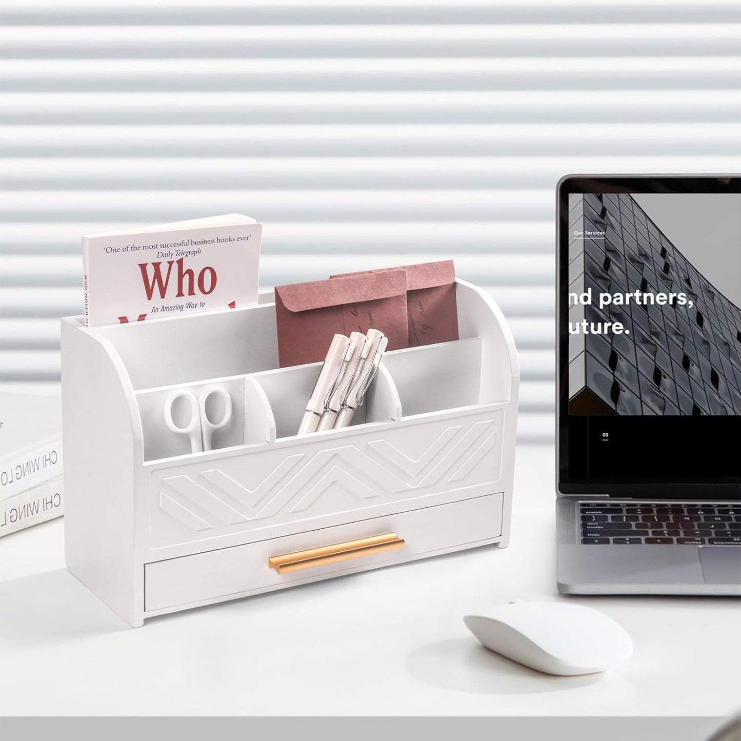 Mail Organizer Countertop Kitchen-White Mail Holder Countertop Drawers Wood Desk Drawer Tabletop Storage Organization Pen Holder Letter Sorter Makeup Organizer for School Home Office Supplies
