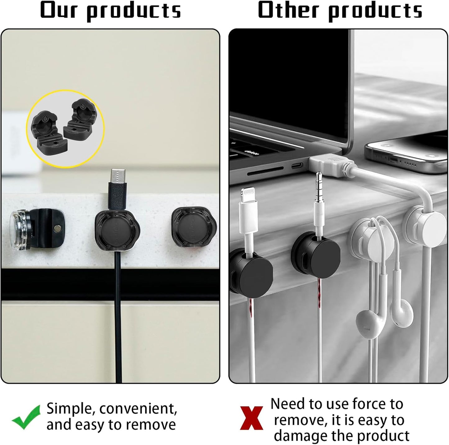 Magnetic Cable Organizer Set, 8 Pcs Easy Adhesion Desk & Wall Mount Holders for Mobile Phones and USB Cables, Perfect for Office, Kitchen, Car, and Bedside Use (Black)