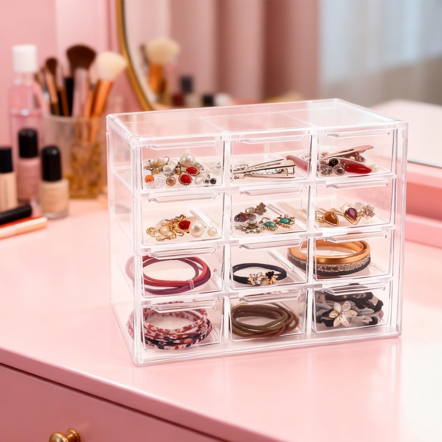 2 Pack Mini Desk Organizer with 12 Removable Drawers - Clear Plastic Desktop Storage Box for DIY Crafts, Art Supplies, Office Essentials, Cosmetics & Jewelry