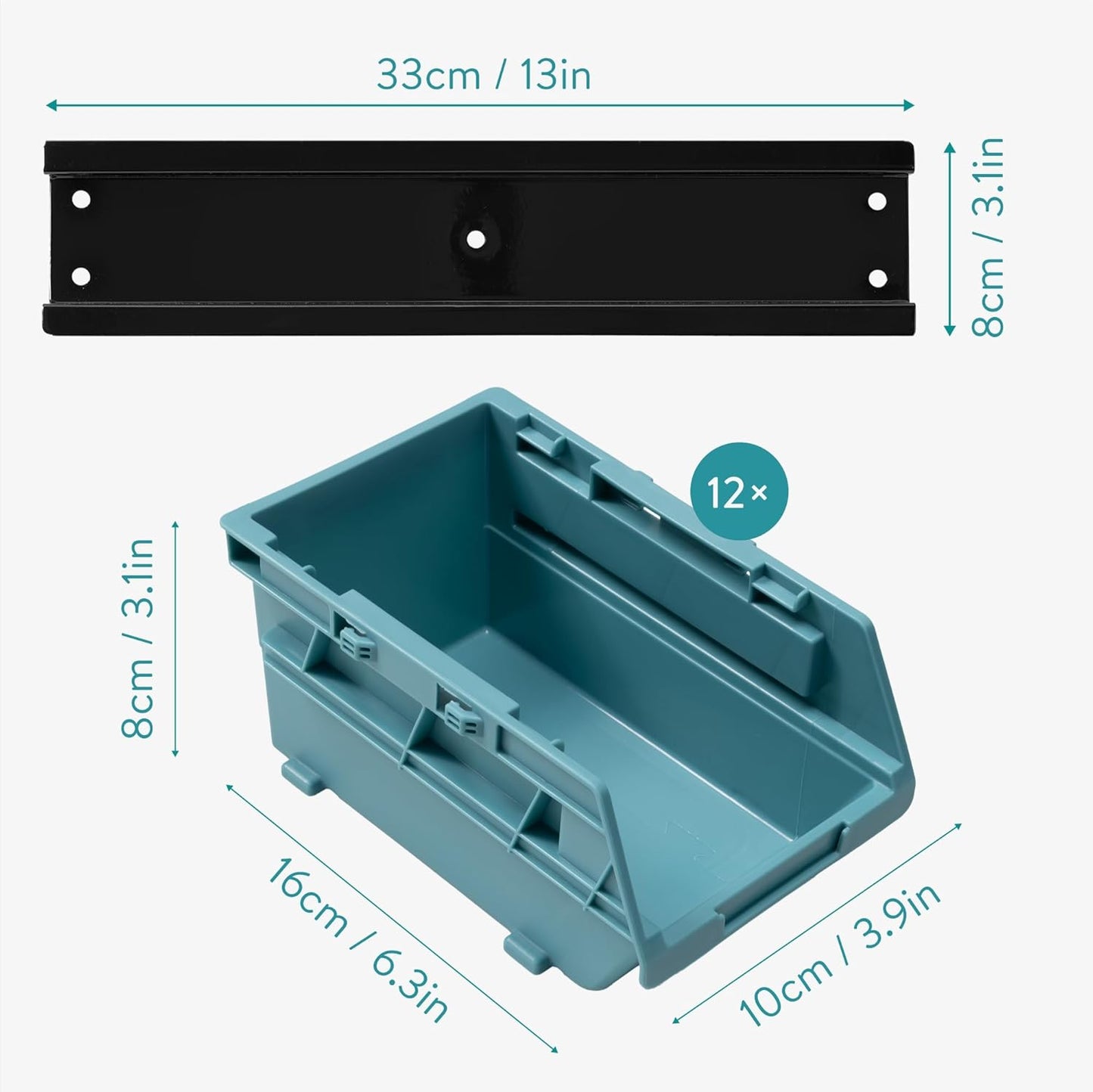 Navaris Storage Bins - Interlocking Plastic Van Boxes - Wall Mounted Compartments for Screws Nails Small Tool Parts - Workshop Garage Drawer Shed Organiser - 12 Bins & 3 Rails
