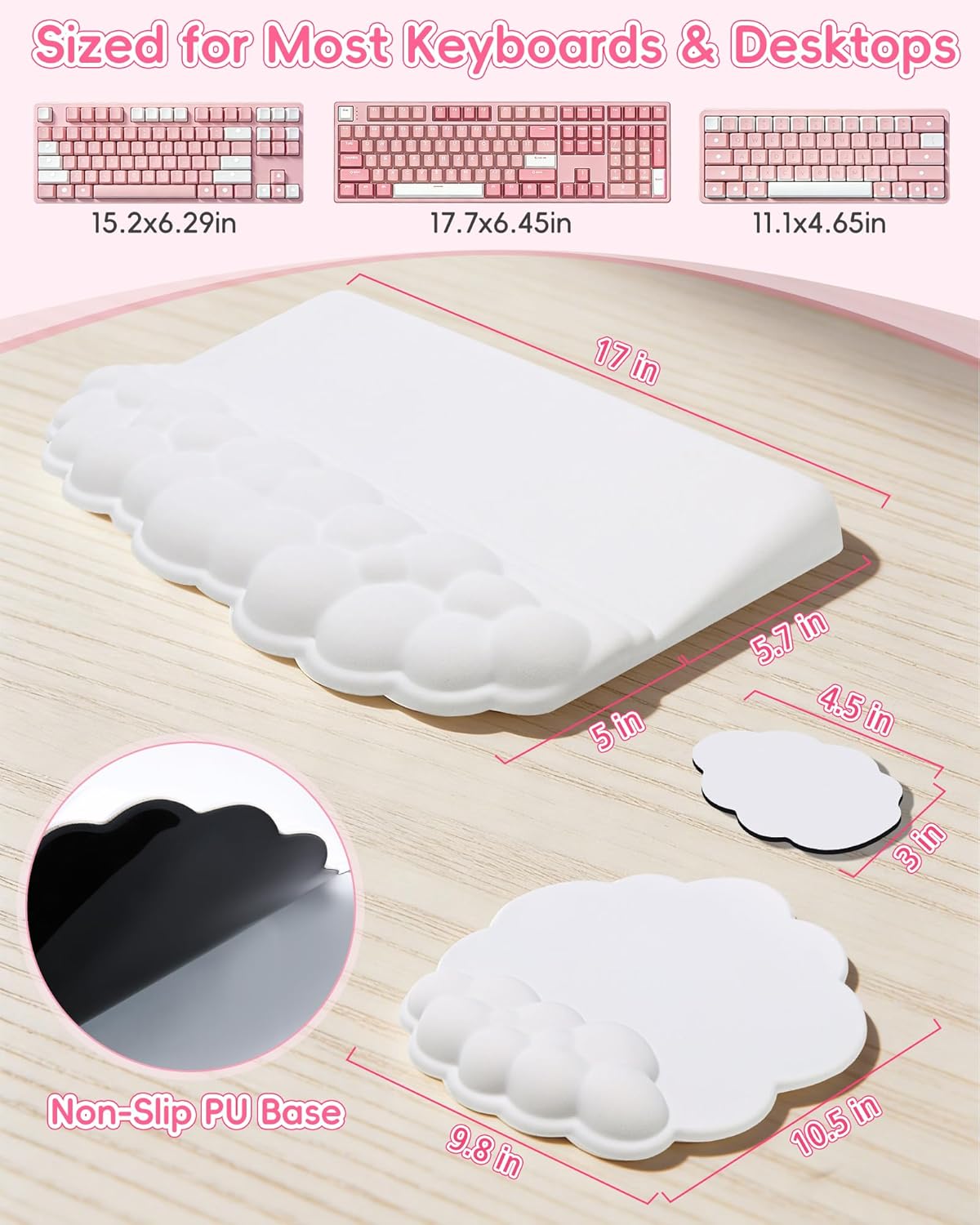 Cloud Wrist Rest Set for Keyboard and Mouse, Ergonomic Memory Foam Wrist Support & Adjustable Keyboard Stand with Two Typing Angles, Silky Lycra Surface, Non-Slip Base (White)