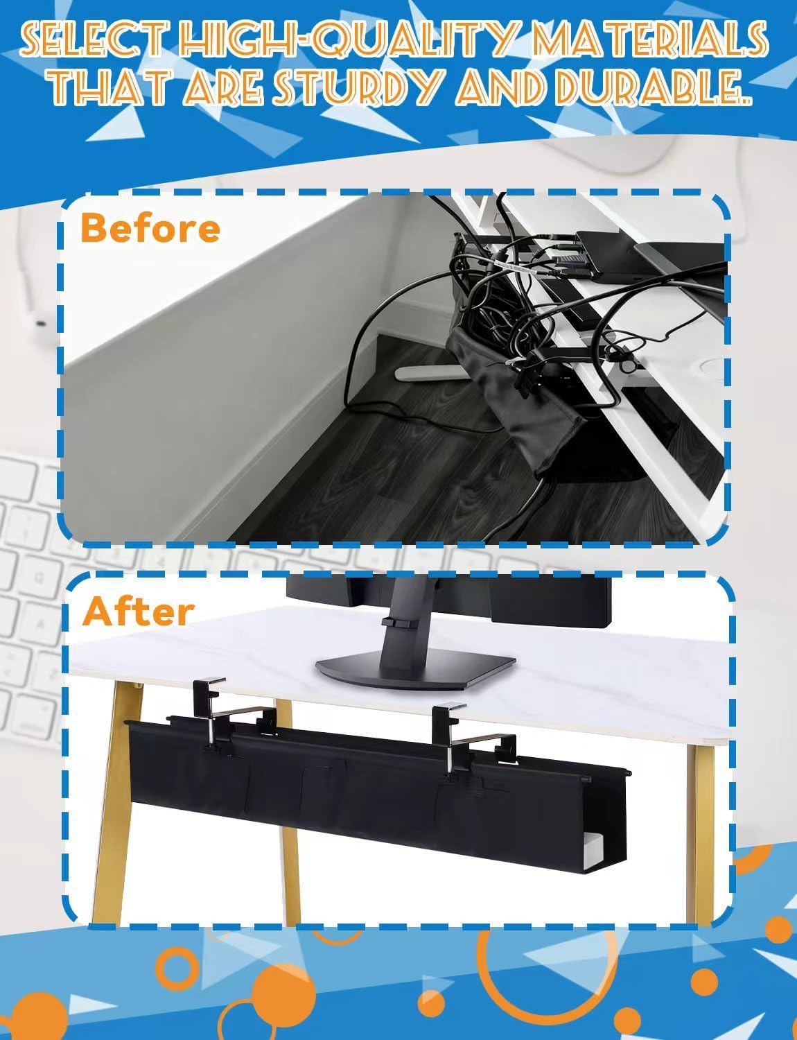 No Drill Under Desk Cable Management Tray - 36" Under Desk Cord Organizer,Clamp/Screw Mount Cable Management, Premium Fabric Cord Hider for Wire Organizer for Office, Home