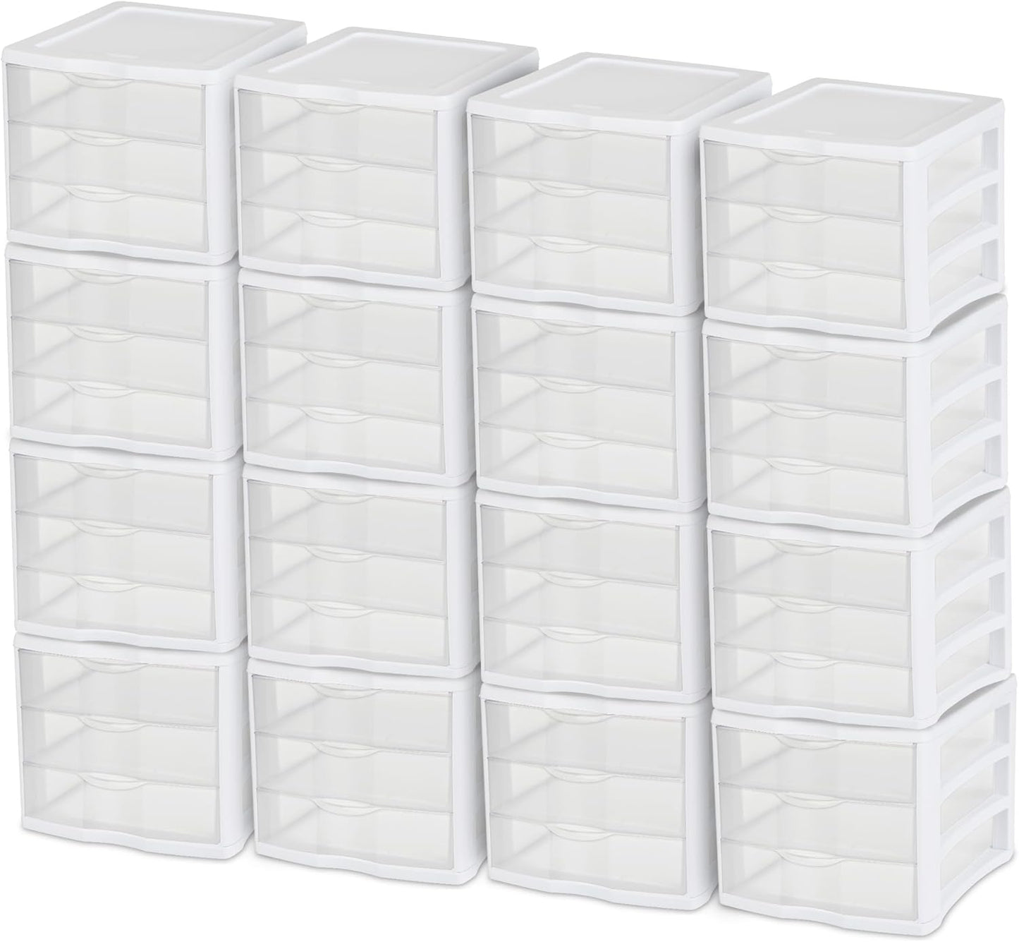 Sterilite 4-Pack 3 Drawer Unit, Stackable Plastic Organizer with Drawers, White Frame - Multi-Purpose Countertop Storage Containers for Office Supplies, Craft Rooms, Classrooms and Home Organization
