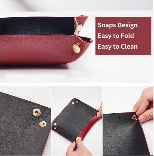 Leather Valet Tray for Men Women, Small Jewelry Catchall Tray, Deskop Nightstand Organizer, Portable Travel Key Plate for Entryway Table, Watch Candy Gifts (Red + Black)