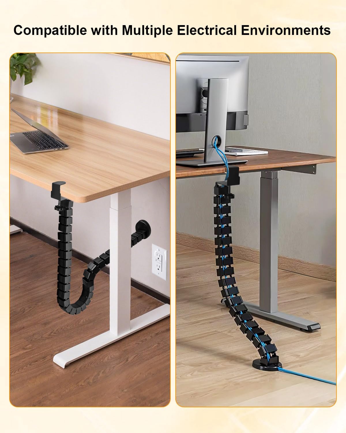 No Drill Clamp-On Under Desk Cable Management Kit, Adjustable Vertebrae Cord Organizer, Flexible Under Desk Wire Management for Standing Desk, Black