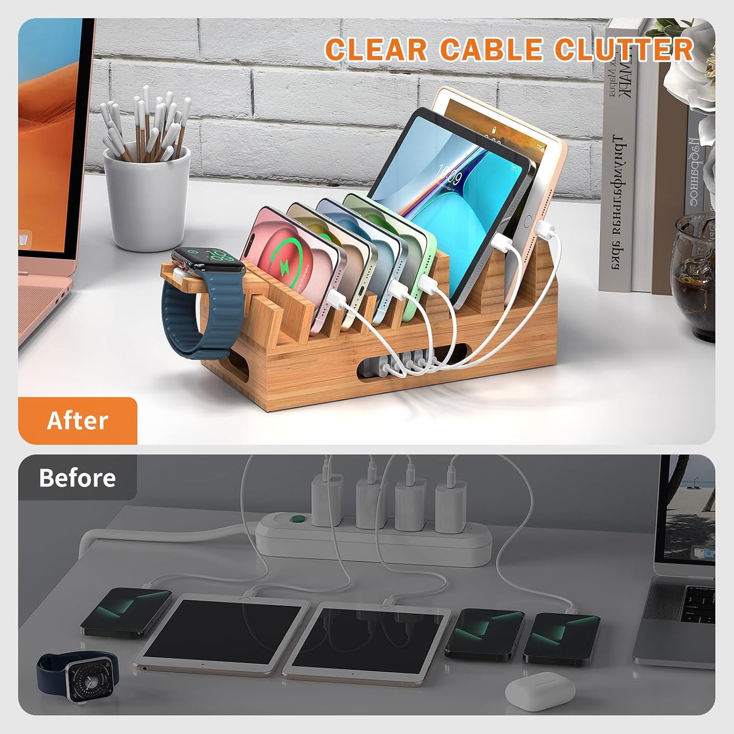 Pezin & Hulin Bamboo Charging Station Holder with 5 Port USB Charger, 5 x Charge Cables, Watch Stand, Wood Docking Stand Electronic Organizer for Multiple Devices, Phones, Tablets and More