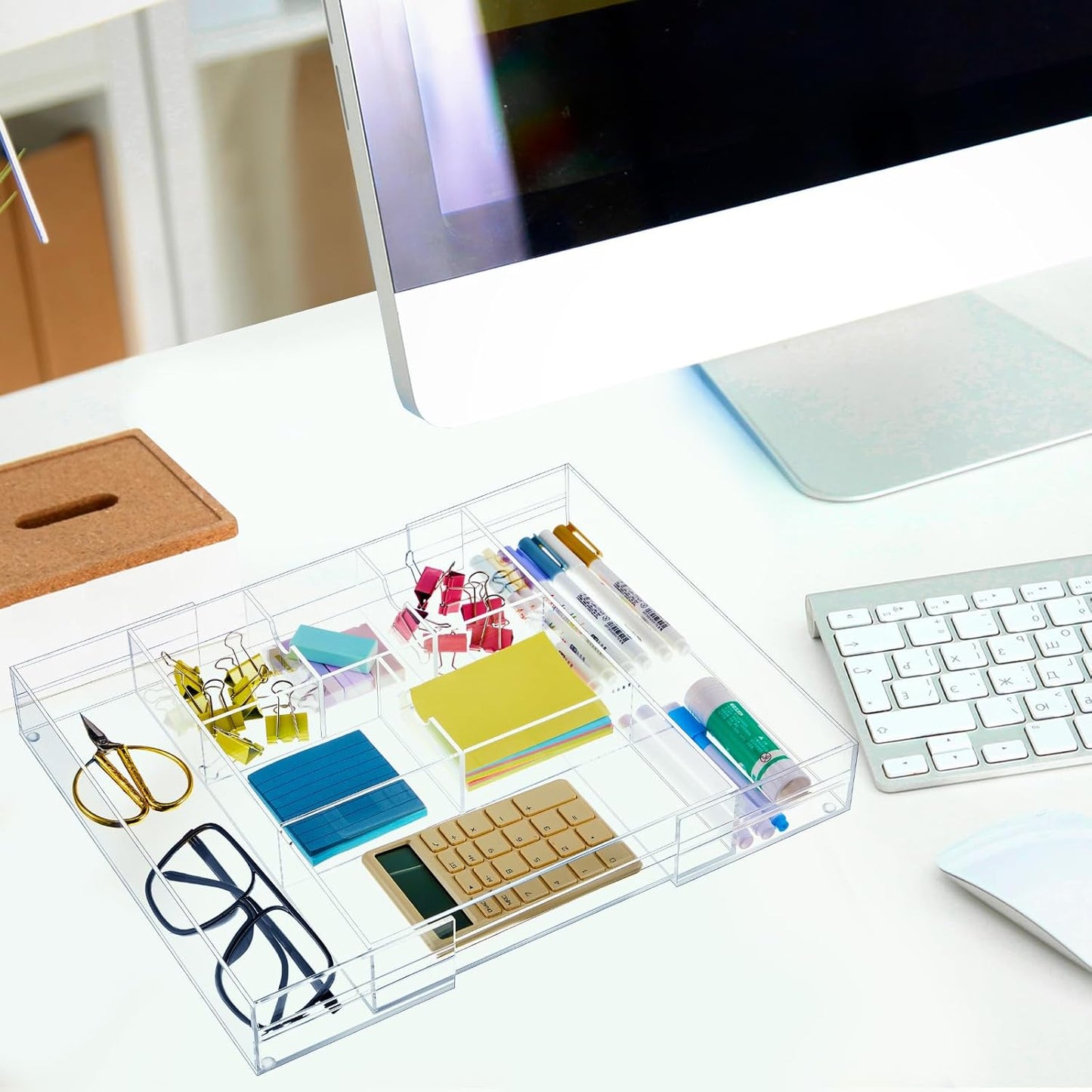 Briwooody 1 Pcs Acrylic Desk Drawer Organizer 9'' up to 16'' x 12'' x 2.2'' Expandable Drawer Organizer Trays with 10 Adjustable Compartments Clear Desk Accessories for Makeup Office Bathroom