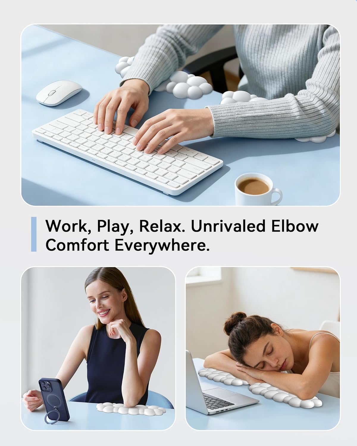 Laborio Elbow Pad for Desk, L-Shaped Desk Edge Arm Rest Cloud Wrist Rest, Non-Slip Memory Foam Wrist Pads, 2-Pack White Wrist Support for Keyboard, Mouse, Laptop