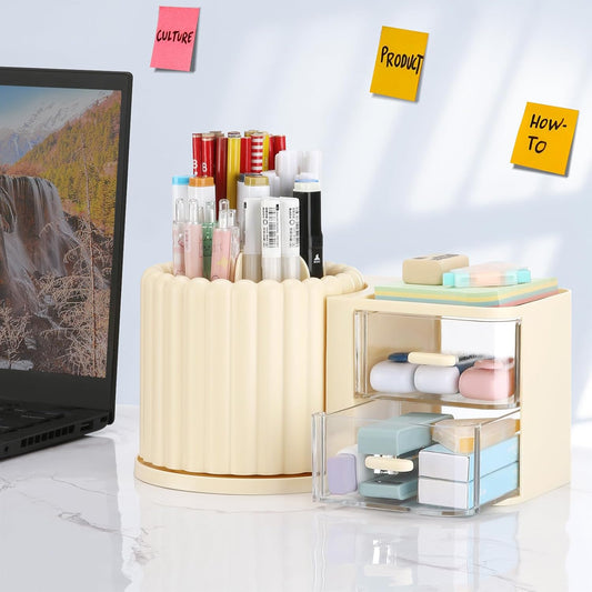 LETURE Rotating Office Desk Organizers and Accessories with 2 Drawer, Pencil Pen Marker Holder for Desk, Desktop Storage Organizers and Accessories for Office Home Art Supplies (White)
