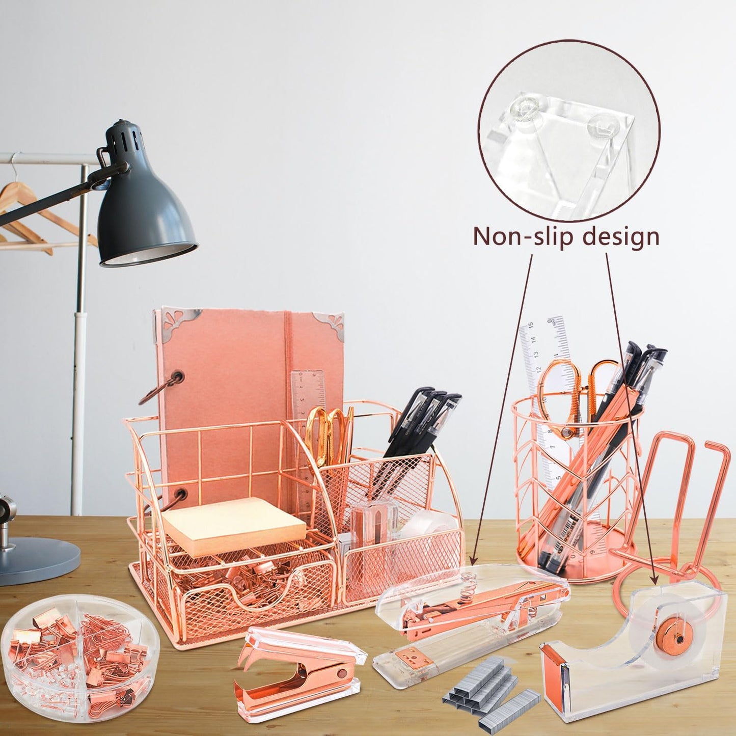 Office Desk Organizers, Rose Gold 13PCS Office Supplies and Accessories Desk organizer, Acrylic Stapler, Staple Remover, Clips, Scissor, Phone Holder, Pen, Pen Holder (Rose Gold)