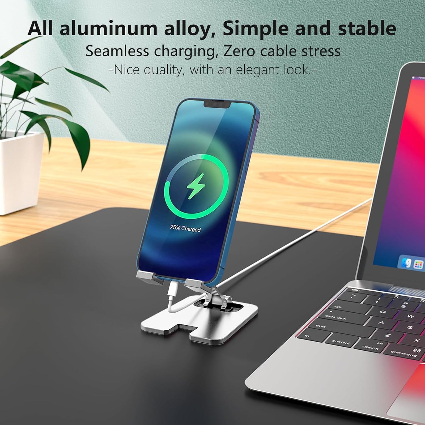 Amzpas Adjustable Cell Phone Stand Metal, Foldable Desktop Cellphone Stand with Anti-Slip Base and Convenient Charging Port, for Phone 17 16 15 14 13 12 11 Pro Xs Xs Max Xr X 8, All Phones