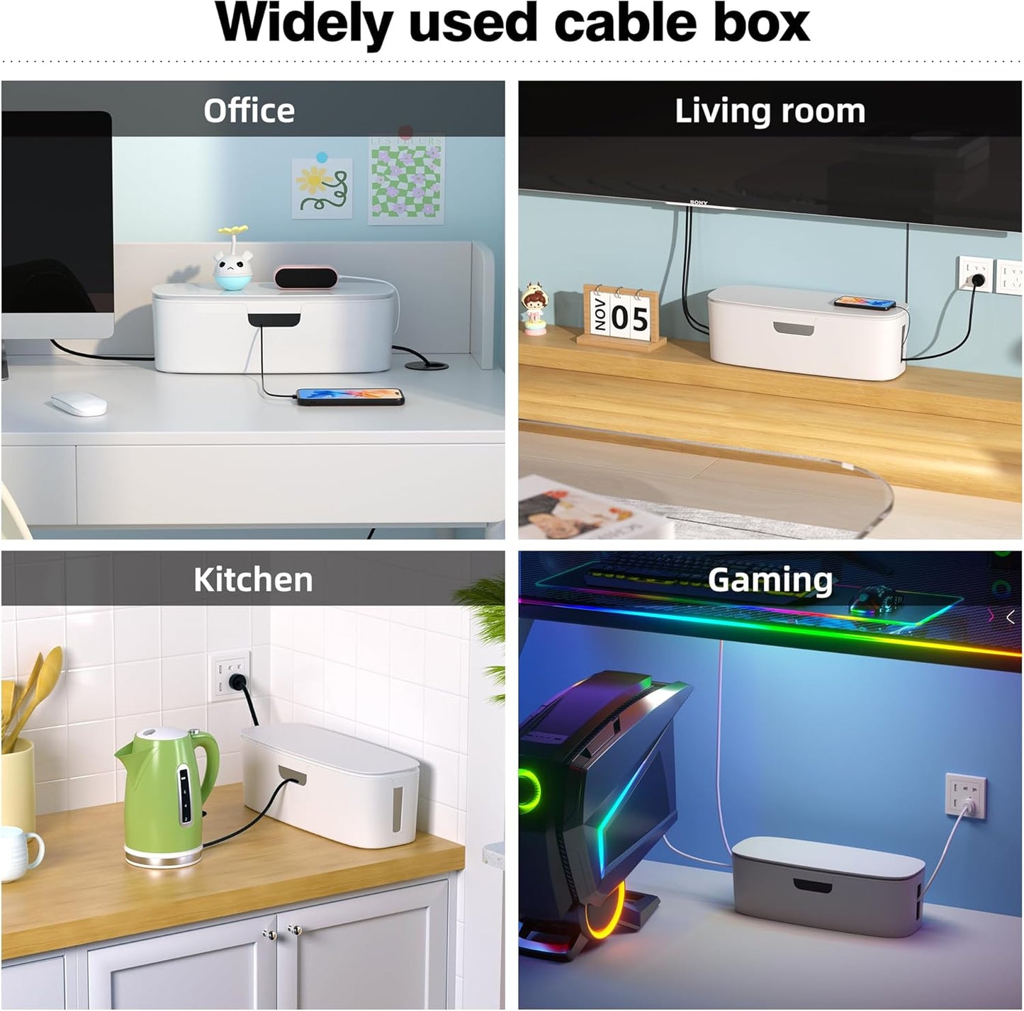 Cable Management Box - Large Cord Organizer Box to Hide Power Strip & Under Desk, TV Computer Wires Cable Organizer Box with Baby Proofs, Desk Cord Organizer for Home/Office - Black