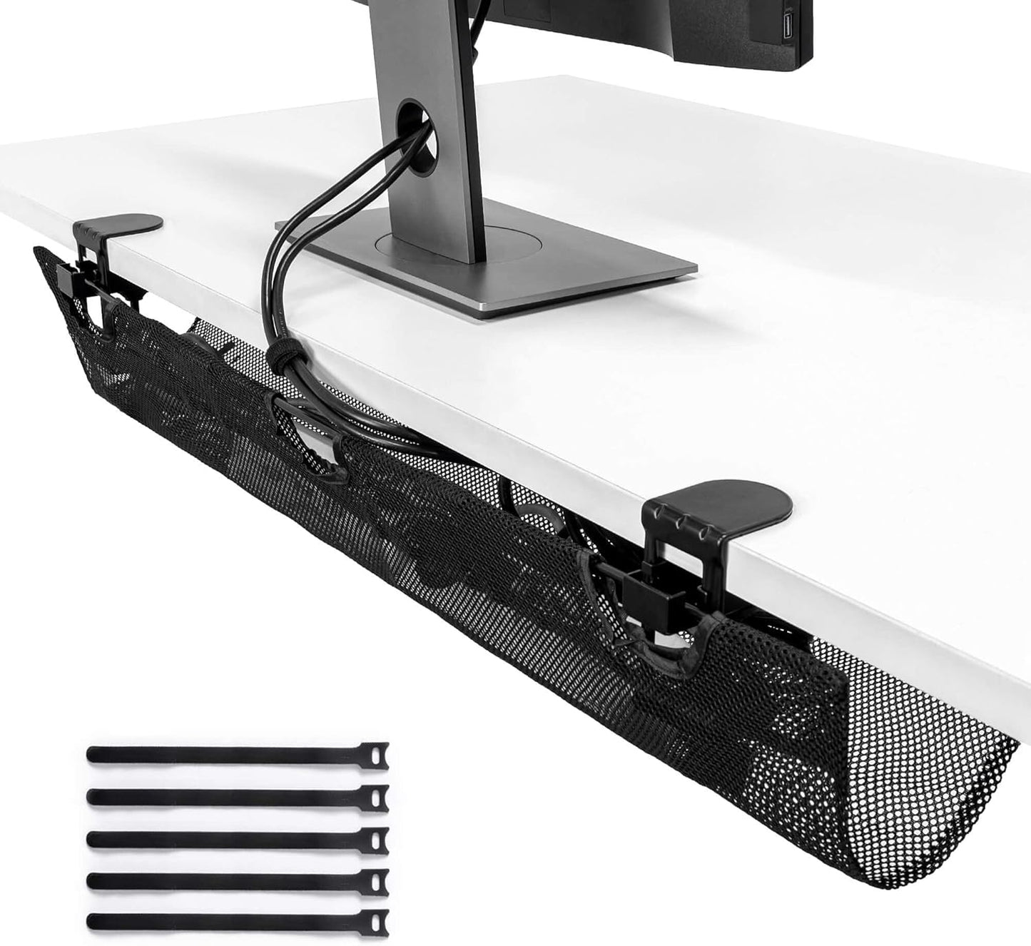 Under Desk Mesh Cable Management – 36 inch Cable Manager Tray for Cord Power Strip -No Drill Cable Management - Safe Wire Management Net for Desks, Office, and Home (Black)