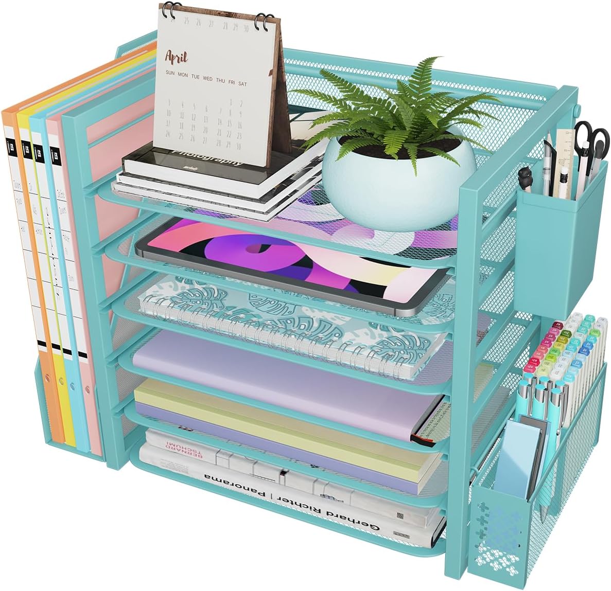 Simple Trending 6 Tier Desk File Organizer, Paper Letter Tray Organizer with File Holder and Pen Container, Black
