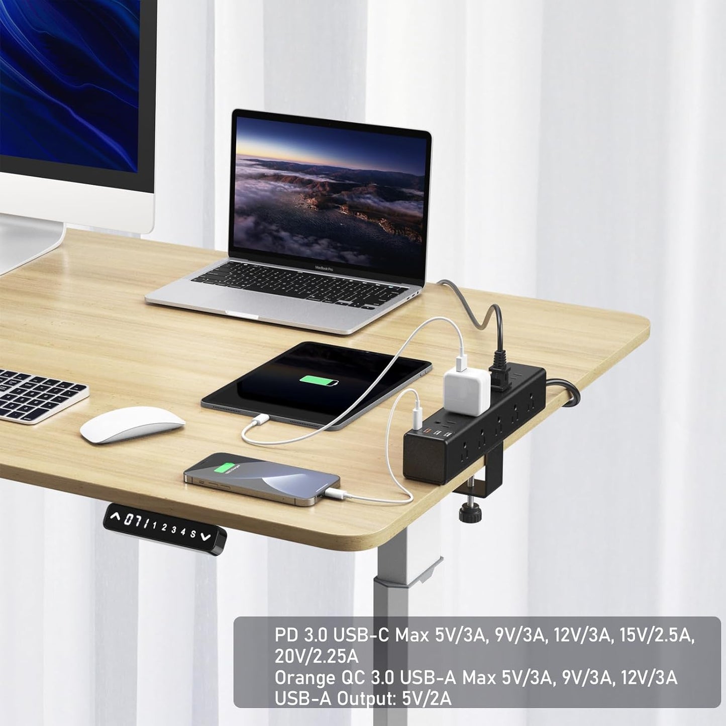 CCCEI Standing Desk Clamp Power Strip with 15 Outlets, Widely Spaced Desktop Edge Mount Surge Protector Outlet, Fast Charging USB-A and USB-C Ports, 6 FT Flat Plug, Black Fit 1.6 inch Table top.