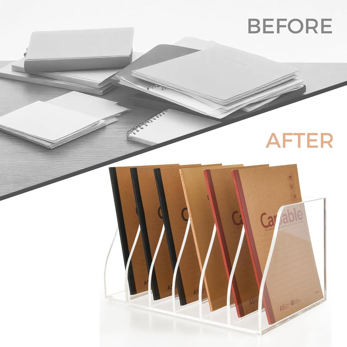 Acrylic Magazine File Holder, 4 Vertical Compartments Desk Document Sorter Organizer, Clear Folder Rack Binder for Office/Home/Classroom, for Documents, Tablet, Magazines, Books & Accessories