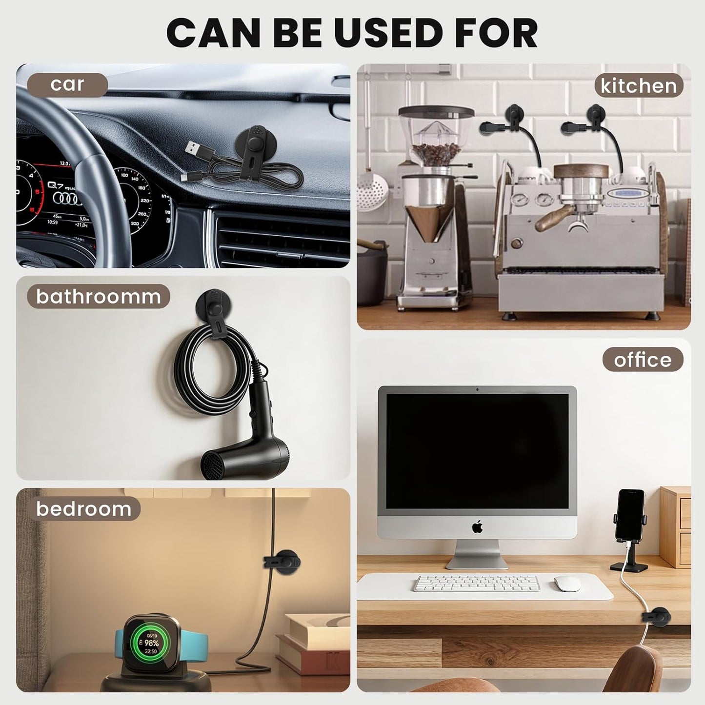 12 PCS Cable Management Under Desk, Silicone Cable Ties Straps, Adjustable Wire Organizers, Self Adhesive Sticky-Back Cable Clips for Data Cables, Appliance Power Cords