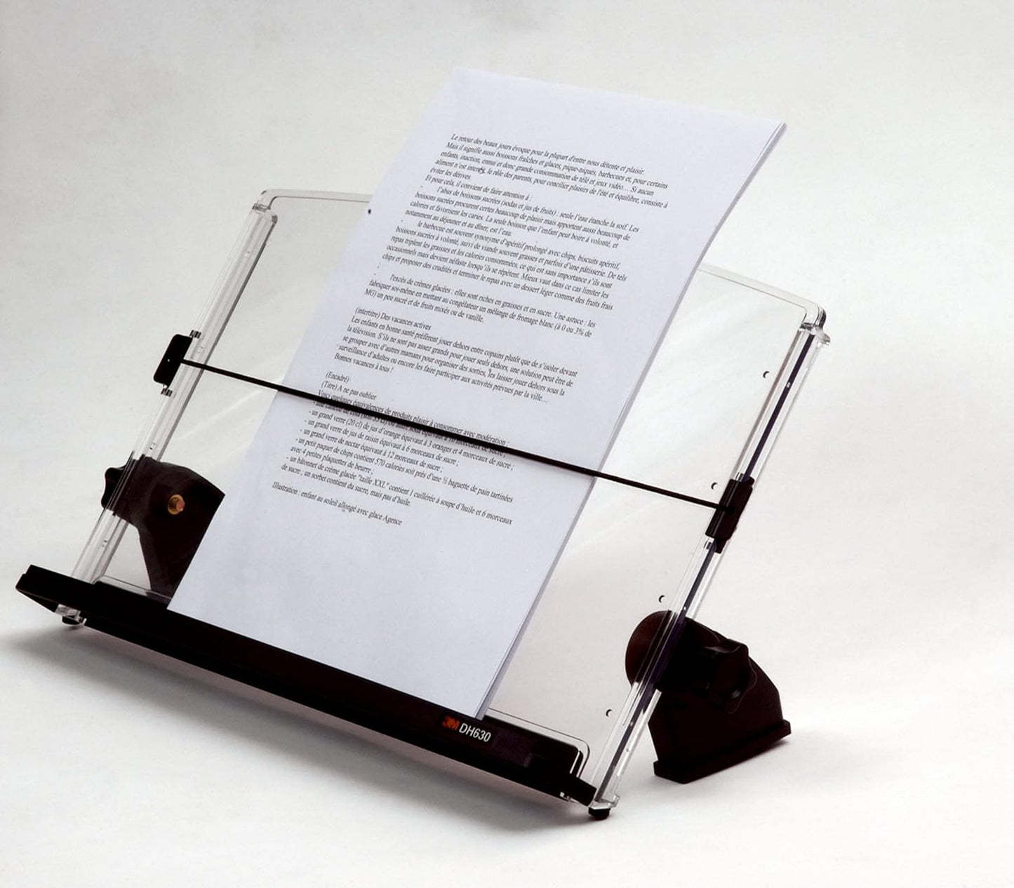 3M Adjustable Document Copy Holder, Inline with Monitor Minimizing Head and Neck Movement, 150 Sheet Capacity, Holds Sheets and Books, Elastic Guide Keeps Pages Open, 14 in Wide, Black/Clear (DH630)
