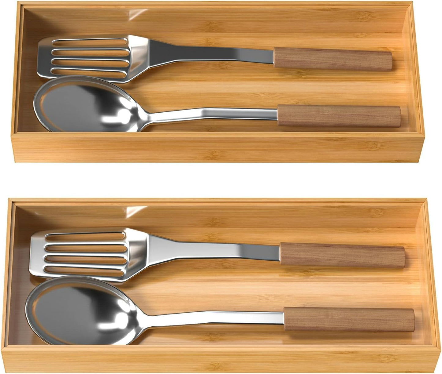 VeyFey Bamboo Drawer Organizer, Stackable Utensil Organizer for Kitchen, Bamboo Storage Box Wood Silverware Tray for Drawer 15" x 6" x 2" Set of 2