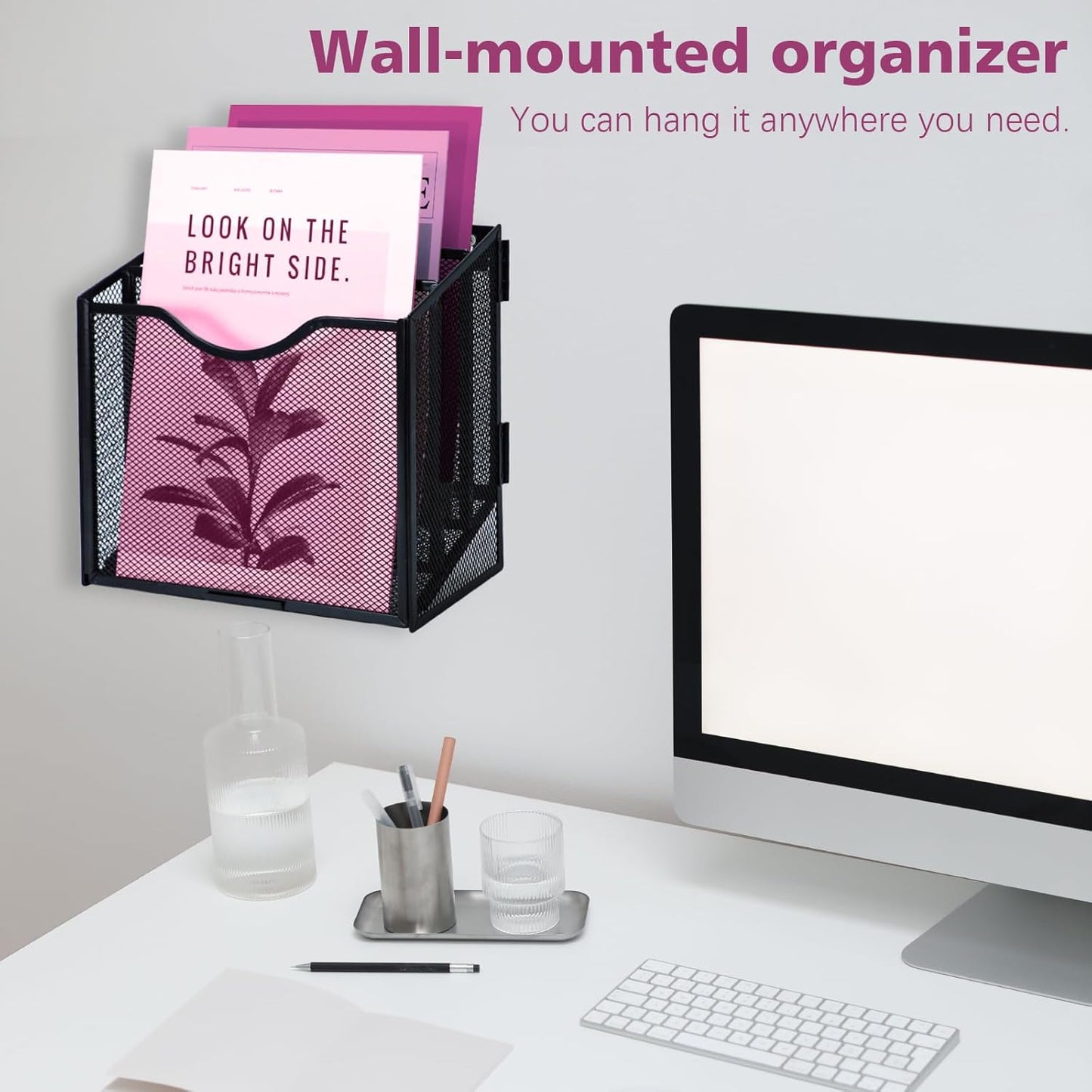 Desk File Organizer, Metal Mesh File Folder Holder Stand with 3 Vertical Compartments Rack, Wall File Organizer File Sorter for Office Supplies Desktop Organization, Black