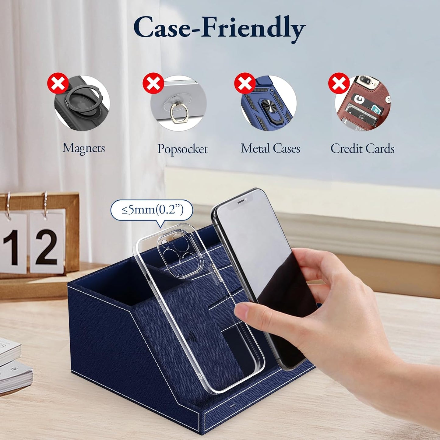 TopMade Wireless Charger Desk Nightstand Organizer, Leather Pen Holder Office Supplies Desk Accessories Fast Charging Station, Remote Control Holder, for iphone Charger Stand Gifts for Men (Black)
