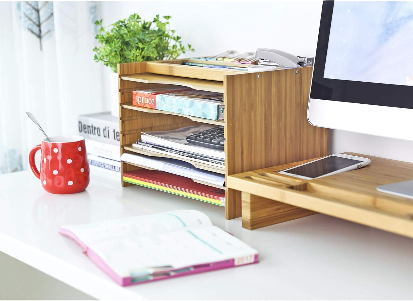 SONGMICS Bamboo File Organizer Paper Sorter with 5 Adjustable Shelves Top Storage Compartments Natural UOFS44Y