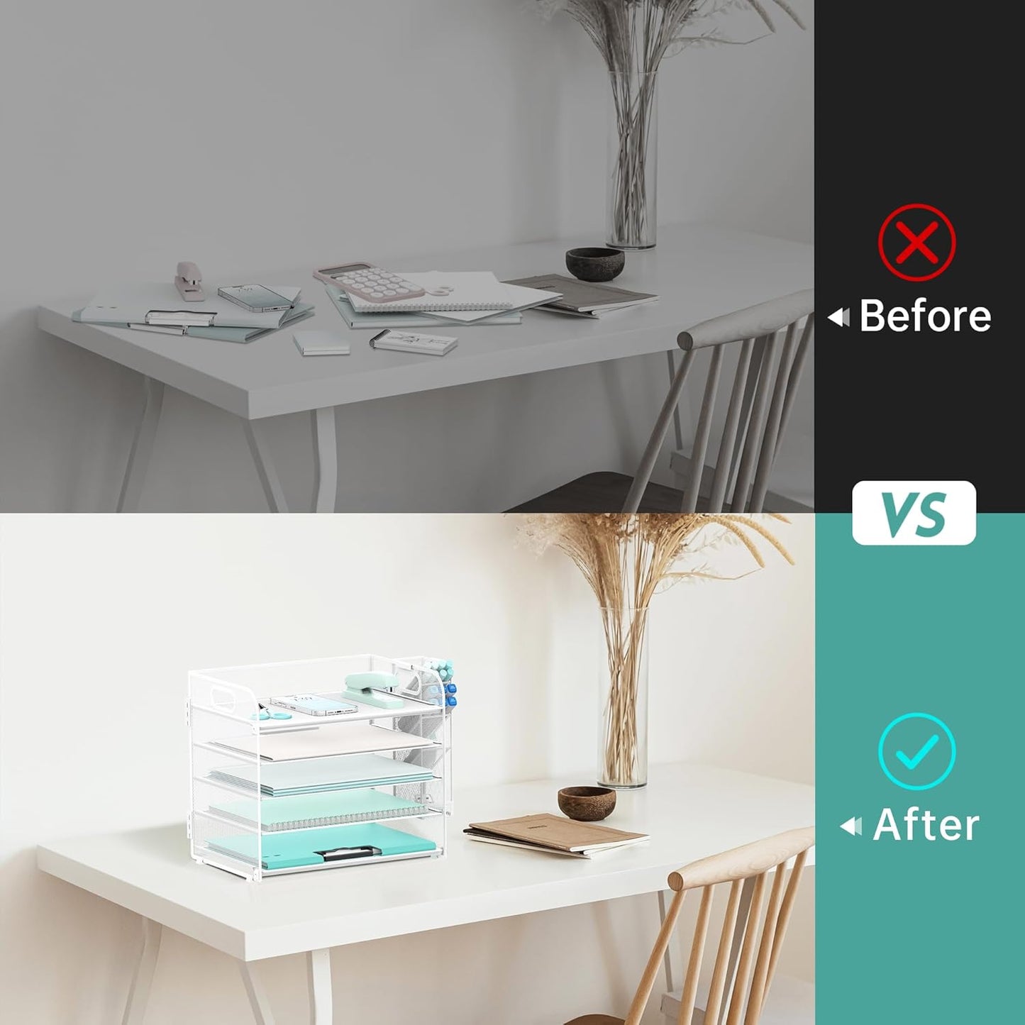 SUPEASY 5 Tier Desk Organizer with Handle & Removable Pen Holders, Mesh Paper/File Organizer for Desk, Paper Letter Tray Organizer for Office Supplies (Black)