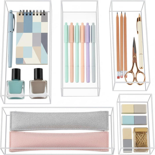 Briwooody Set of 5 Acrylic Desk Bathroom Organizer, Makeup Drawer Organizer Trays, Storage Bins for Stationery, Makeup, Jewelry, Gadgets for Kitchen, Office, Bedroom, Bathroom Gifts